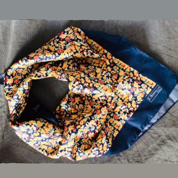 E. Marinella Floral Navy Silk Foulard Scarf, 24” by 24”